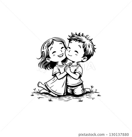 Adorable Cartoon Illustration of Two Young Children Embracing with Affection Adorable Cartoon Illustration of Two Young Children Embracing with Affection 130137880