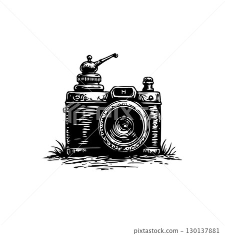 Vintage camera illustration evoking nostalgia with a touch of whimsical charm Vintage camera illustration evoking nostalgia with a touch of whimsical charm 130137881