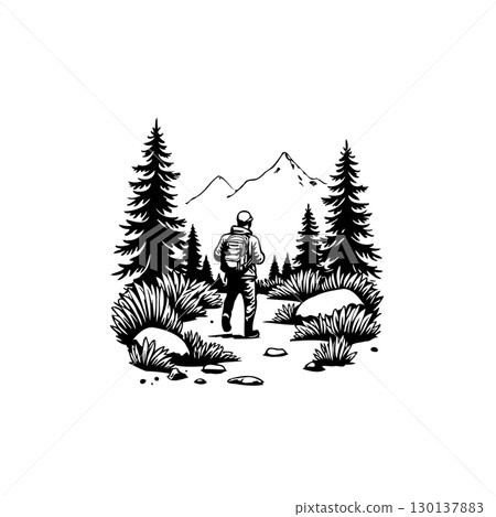 A solitary trekker explores the serene wilderness landscape in black and white illustration 130137883