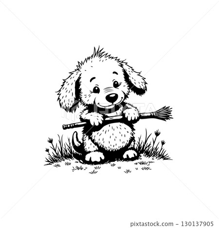 Adorable puppy illustration holding a paintbrush in a playful black and white design Adorable puppy illustration holding a paintbrush in a playful black and white design 130137905