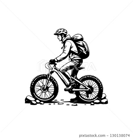 Adventurous cyclist with backpack: Exploring the trails on a fat tire bike Adventurous cyclist with backpack: Exploring the trails on a fat tire bike 130138074
