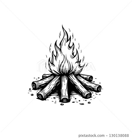 Monochrome Campfire Illustration: Vector Graphic of a Burning Firewood Stack Monochrome Campfire Illustration: Vector Graphic of a Burning Firewood Stack 130138088