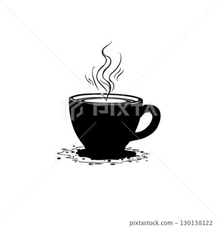 Elegant black and white illustration of a steaming cup of coffee or tea Elegant black and white illustration of a steaming cup of coffee or tea 130138122