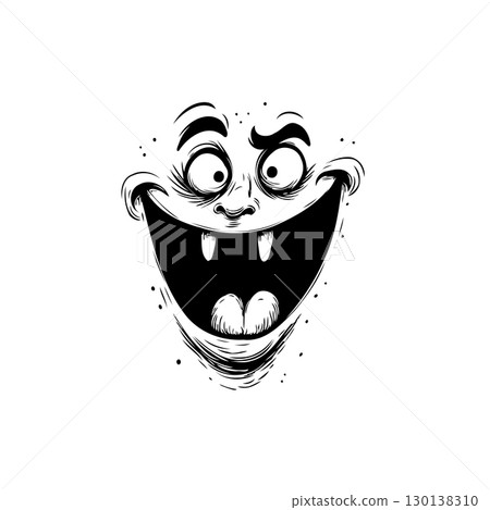 Cartoonish character face with exaggerated features and a wide, toothy grin 130138310