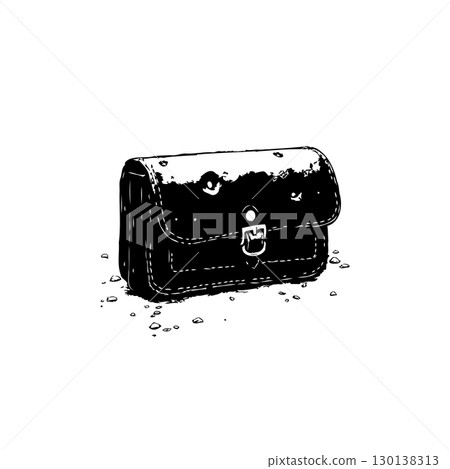 Minimalist black and white illustration of a vintage leather satchel bag isolated 130138313