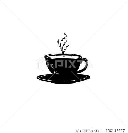 Minimalist black and white illustration of a steaming cup of coffee on a saucer 130138327