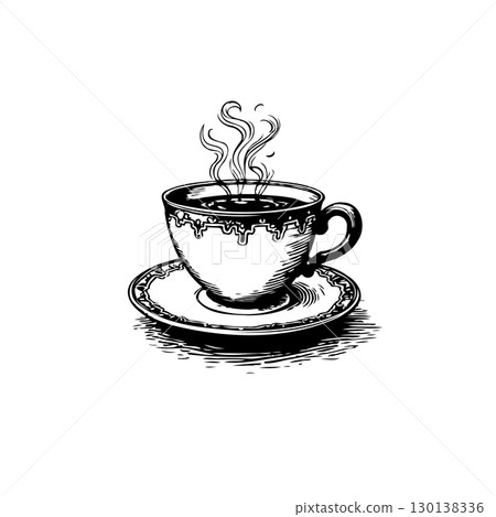 Elegant Hand-Drawn Coffee Cup Illustration with Rising Steam on a White Background Elegant Hand-Drawn Coffee Cup Illustration with Rising Steam on a White Background 130138336