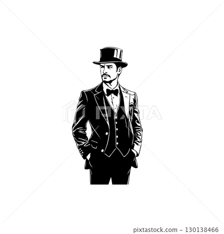 Elegant Gentleman in Classic Suit and Top Hat: Timeless Style Illustration Elegant Gentleman in Classic Suit and Top Hat: Timeless Style Illustration 130138466