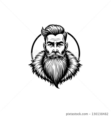 Intricate Monochrome Portrait of a Bearded Man with Fur Collar Illustration Intricate Monochrome Portrait of a Bearded Man with Fur Collar Illustration 130138482