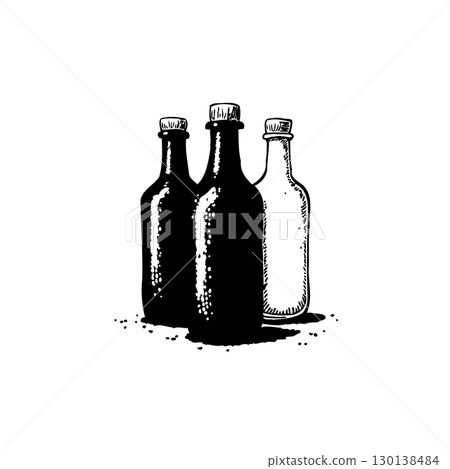 Vintage Ink Illustration of Three Glass Bottles with Corks and Rustic Charm Vintage Ink Illustration of Three Glass Bottles with Corks and Rustic Charm 130138484