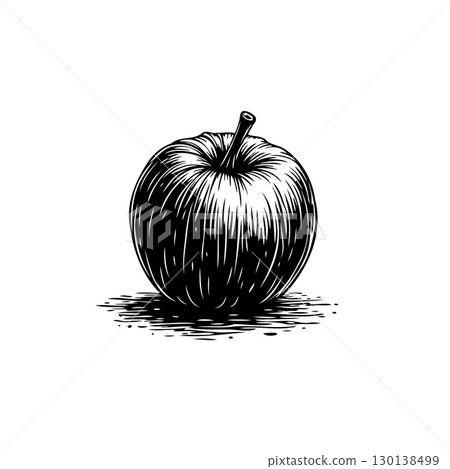 Monochrome Apple Illustration: Detailed Engraving Style on Clean White Background 130138499