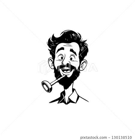 Cartoon man with beard smoking pipe in black and white illustration 130138510