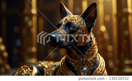 Ancient Egyptian mythical god Anubis in the form of a black jackal 130138552