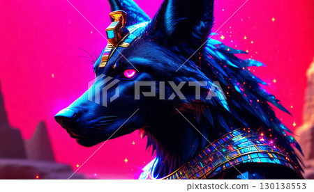 Ancient Egyptian mythical god Anubis in the form of a black jackal 130138553