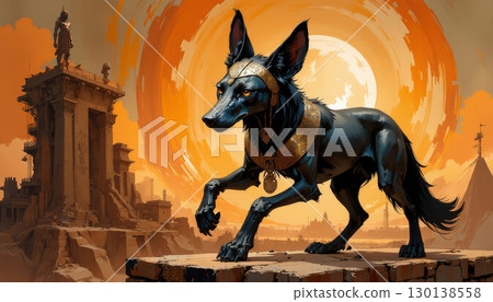 Ancient Egyptian mythical god Anubis in the form of a black jackal Ancient Egyptian mythical god Anubis in the form of a black jackal 130138558