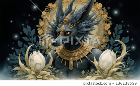 Ancient Egyptian mythical god Anubis in the form of a black jackal Ancient Egyptian mythical god Anubis in the form of a black jackal 130138559