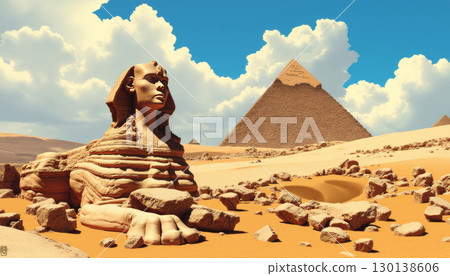 The Great Sphinx next to the Pyramids of Egypt in the desert of Giza 130138606