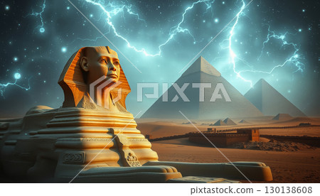 The Great Sphinx next to the Pyramids of Egypt in the desert of Giza 130138608