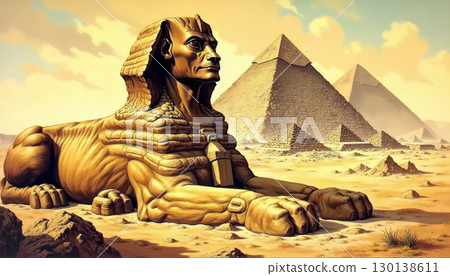 The Great Sphinx next to the Pyramids of Egypt in the desert of Giza The Great Sphinx next to the Pyramids of Egypt in the desert of Giza 130138611
