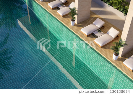 Aerial view of luxury poolside with white lounge chairs 3d render Aerial view of luxury poolside with white lounge chairs 3d render 130138654