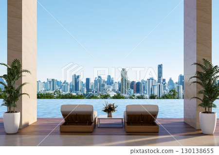 Luxury infinity pool with city skyline view 3d render 130138655