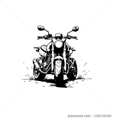 Monochromatic illustration of a sleek motorcycle positioned frontally on ground 130139100