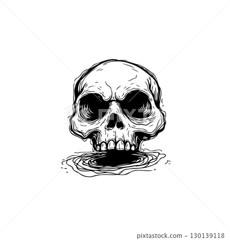 Disturbing black and white skull illustration with swirling dark water beneath the jaw Disturbing black and white skull illustration with swirling dark water beneath the jaw 130139118