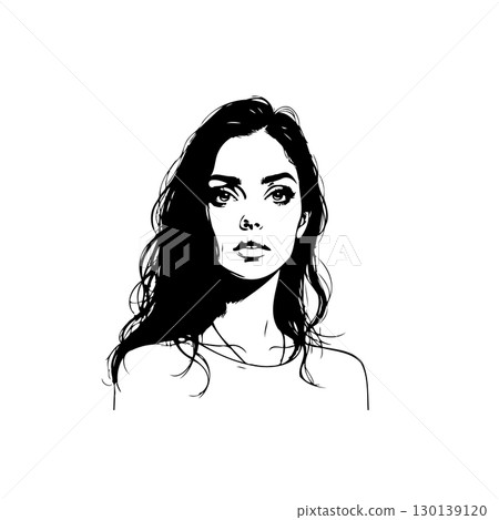 Elegant Black and White Portrait of a Young Woman with Flowing Hair Art Design Elegant Black and White Portrait of a Young Woman with Flowing Hair Art Design 130139120
