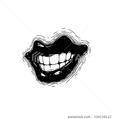 Expressive Black and White Illustration of Lips and Teeth with Grunge Texture Expressive Black and White Illustration of Lips and Teeth with Grunge Texture 130139127