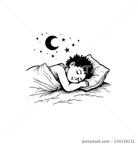 Peaceful Slumber: Black and White Illustration of a Child Sleeping Under the Stars 130139131