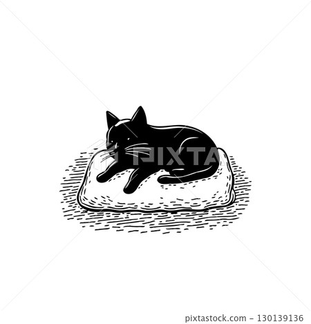 Minimalist black cat illustration resting peacefully on a soft fluffy pillow 130139136