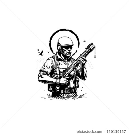 Focused soldier with assault rifle in minimalist vector design illustration 130139137