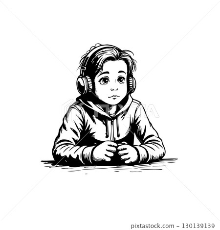 Adorable Young Boy Engrossed in Music with Headphones in Black and White Drawing 130139139