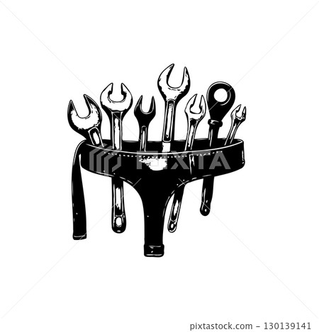 Tool belt with wrenches monochrome vector illustration repair symbol concept 130139141