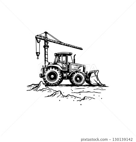 Monochrome depiction of a heavy-duty construction vehicle on a rough terrain landscape Monochrome depiction of a heavy-duty construction vehicle on a rough terrain landscape 130139142