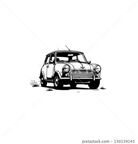 Stylized black and white vintage mini car illustration, offering classic appeal 130139143