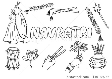 Navratri celebration elements in hand drawn black and white style, including dancer, dandiya sticks Navratri celebration elements in hand drawn black and white style, including dancer, dandiya sticks 130139266