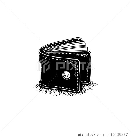 Black and white sketch of a leather wallet filled with paper money on a white background 130139287