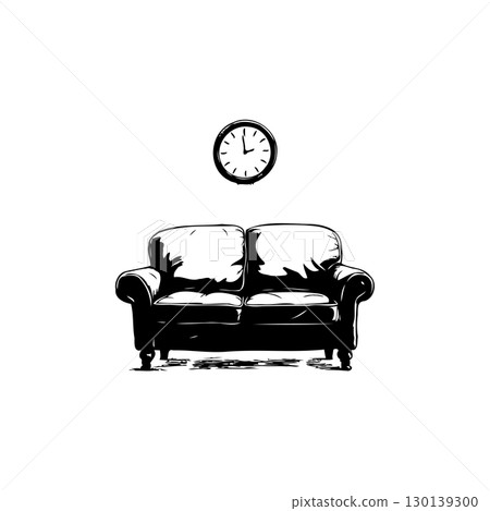 Minimalist Illustration of a Sofa with Clock in Black and White, Simple Design 130139300