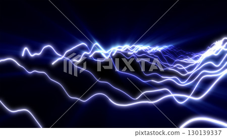 Electric white and blue neon waves stretch across a dark futuristic surface, glowing with smooth, high-energy pulses 130139337