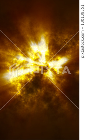Intense yellow and orange energy clouds erupt with radiant beams of light cutting through the dark Intense yellow and orange energy clouds erupt with radiant beams of light cutting through the dark 130139351