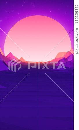 Retro-futuristic mountain landscape with a giant sun setting over low-poly purple terrain and a glowing horizon Retro-futuristic mountain landscape with a giant sun setting over low-poly purple terrain and a glowing horizon 130139352