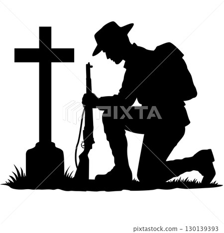 Kneeling Soldier Silhouette at Grave 130139393