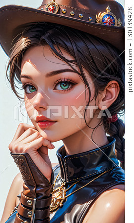 Cowgirl with emerald eyes. A digitally illustrated female character with striking emerald green eyes wears a brown cowboy hat adorned with metal studs and a decorative compass emblem. 130139428
