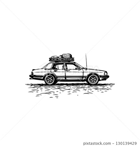 Vintage Sedan Road Trip Illustration: Classic Car Packed for Adventure Travel and Exploration 130139429