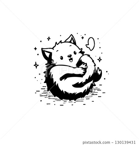 Cute Cartoon Kitten Curled Up with Stars and Heart in Black and White Illustration 130139431