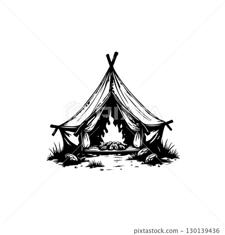 Vintage camping illustration of a tent with a campfire inside a forest Vintage camping illustration of a tent with a campfire inside a forest 130139436