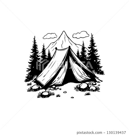 Camping adventure in nature: A line drawing of a tent, mountain, and trees Camping adventure in nature: A line drawing of a tent, mountain, and trees 130139437
