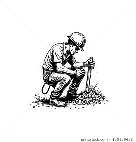 Monochrome depiction of construction worker resting with shovel, surrounded by rocks Monochrome depiction of construction worker resting with shovel, surrounded by rocks 130139438