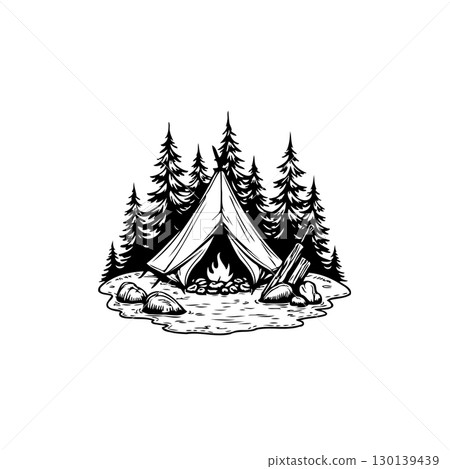Minimalist Illustration of Camping Scene with Tent, Trees and Fire in Black and White Minimalist Illustration of Camping Scene with Tent, Trees and Fire in Black and White 130139439